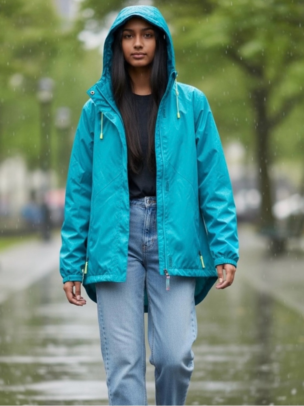 C9 Champion Kids Teal Hooded Windbreaker Lined Full Zip Rain Jacket XL 14-16